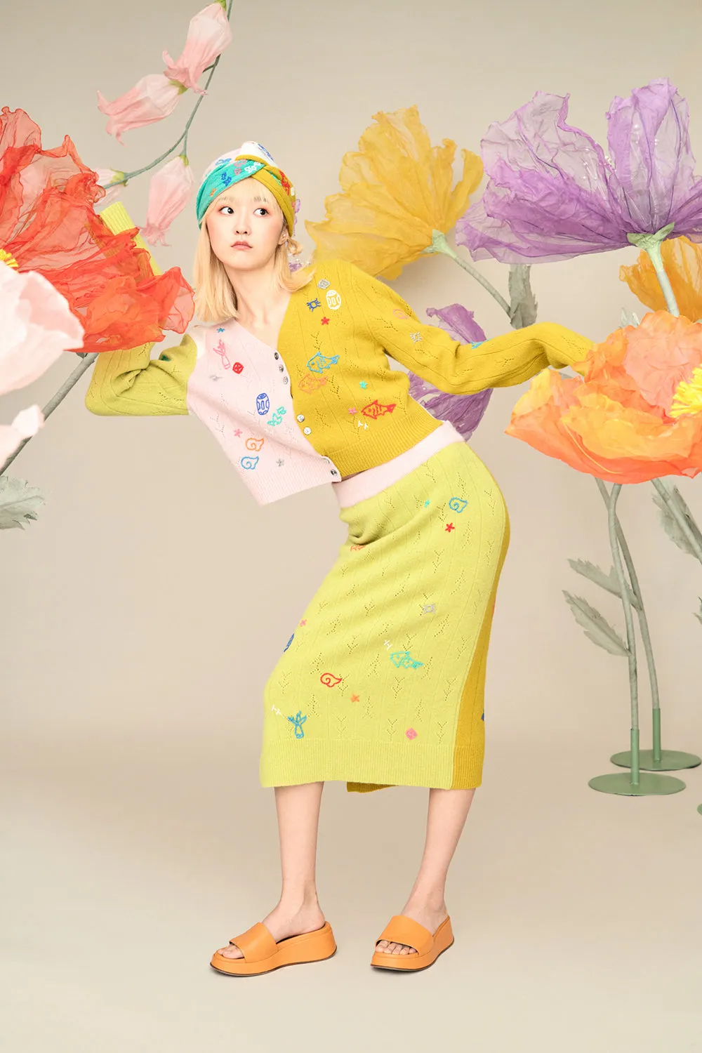 Curious Midi Skirt in Matcha/Turmeric Lambswool