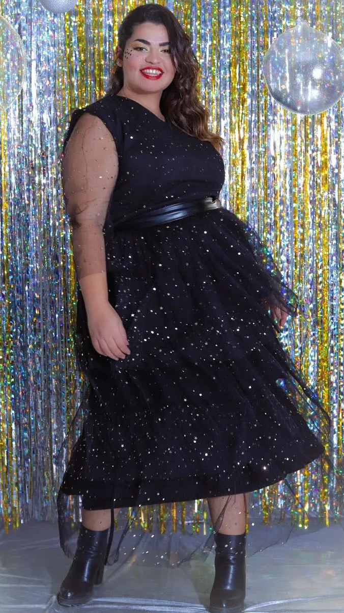 Galaxy Ruffled Tulle Long Dress - Black