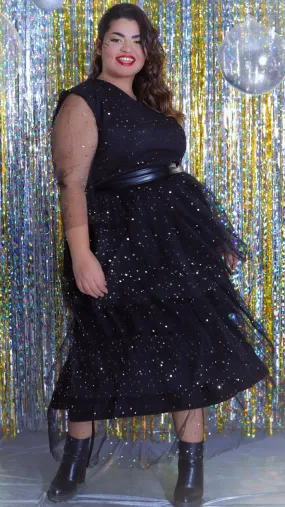 Galaxy Ruffled Tulle Long Dress - Black