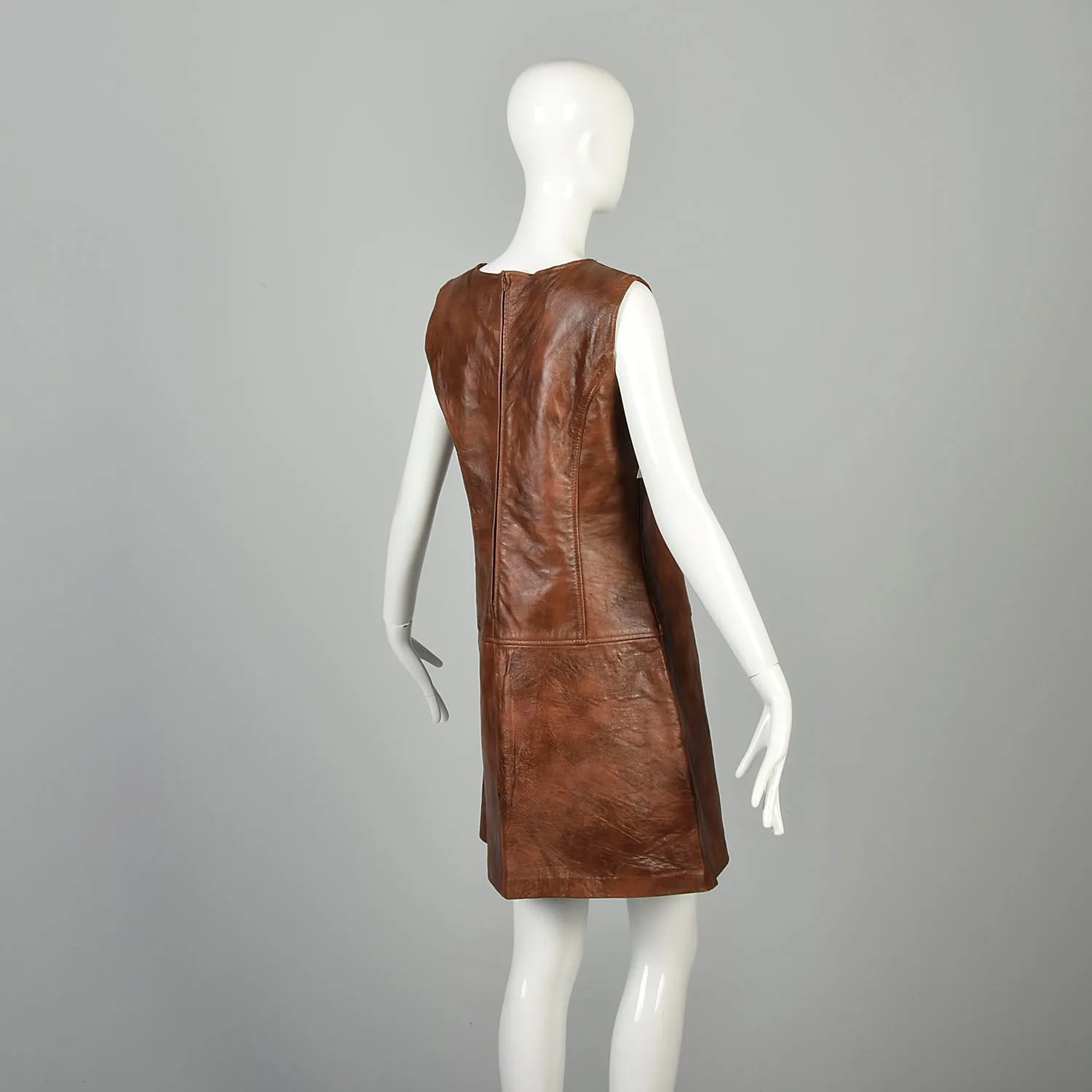 Medium 1960s Mini Dress Real Leather Drop Waist Mod Hippie Shift Boho