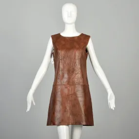 Medium 1960s Mini Dress Real Leather Drop Waist Mod Hippie Shift Boho