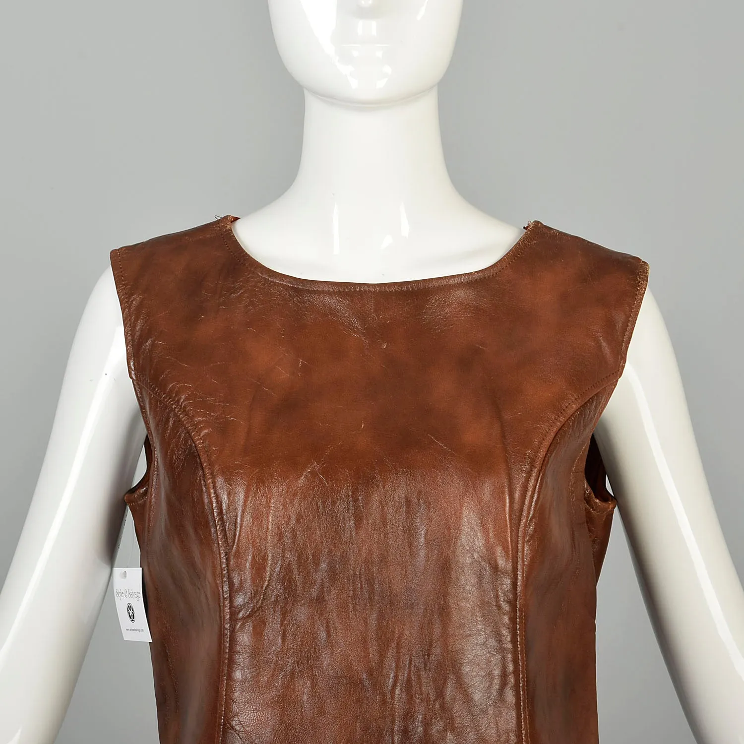 Medium 1960s Mini Dress Real Leather Drop Waist Mod Hippie Shift Boho