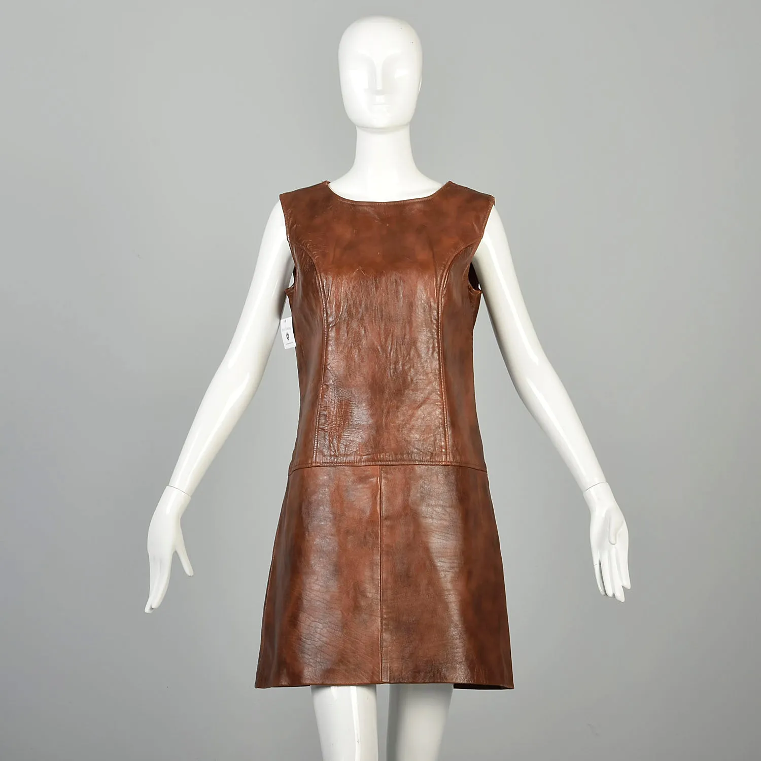 Medium 1960s Mini Dress Real Leather Drop Waist Mod Hippie Shift Boho