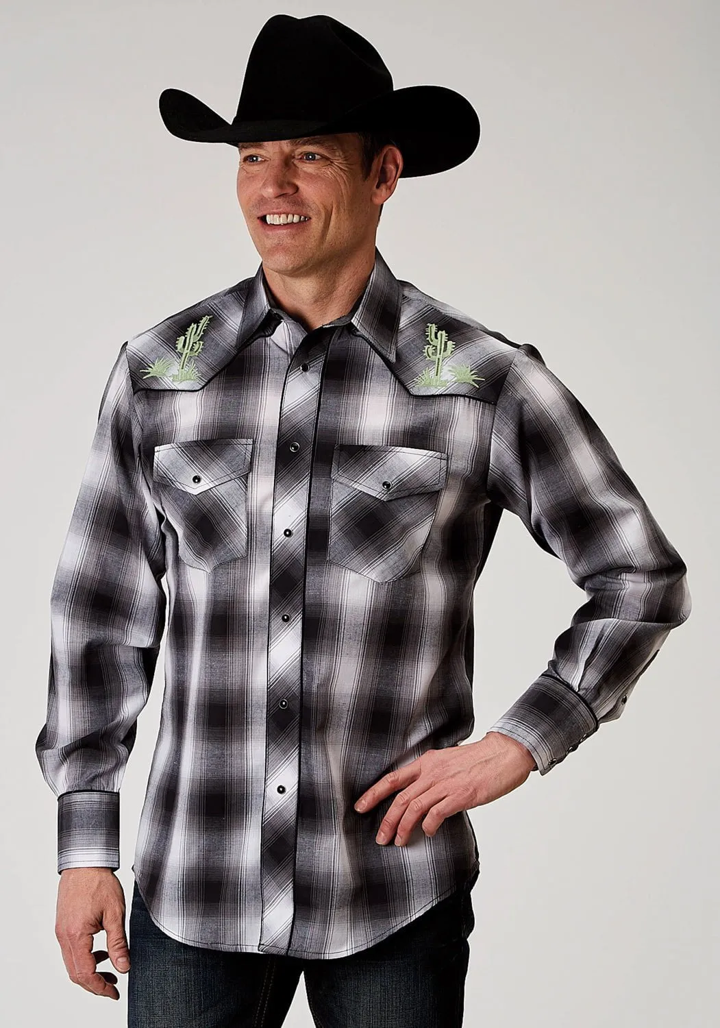 Roper Mens Cactus Plaid Black Cotton Blend L/S Shirt