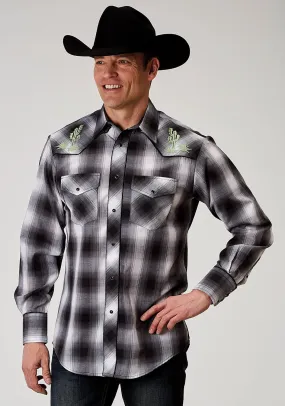 Roper Mens Cactus Plaid Black Cotton Blend L/S Shirt