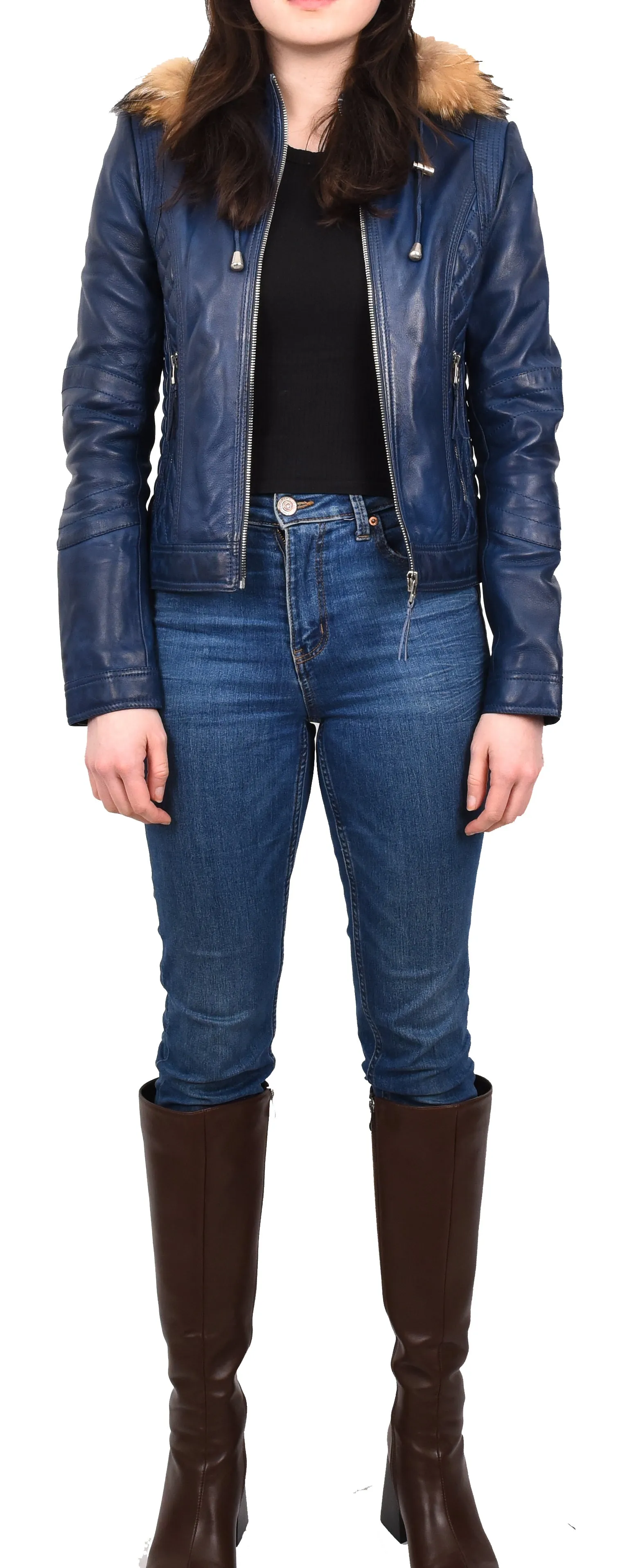 Women's Detachable Hoodie Biker Leather Jacket Blue Morphix