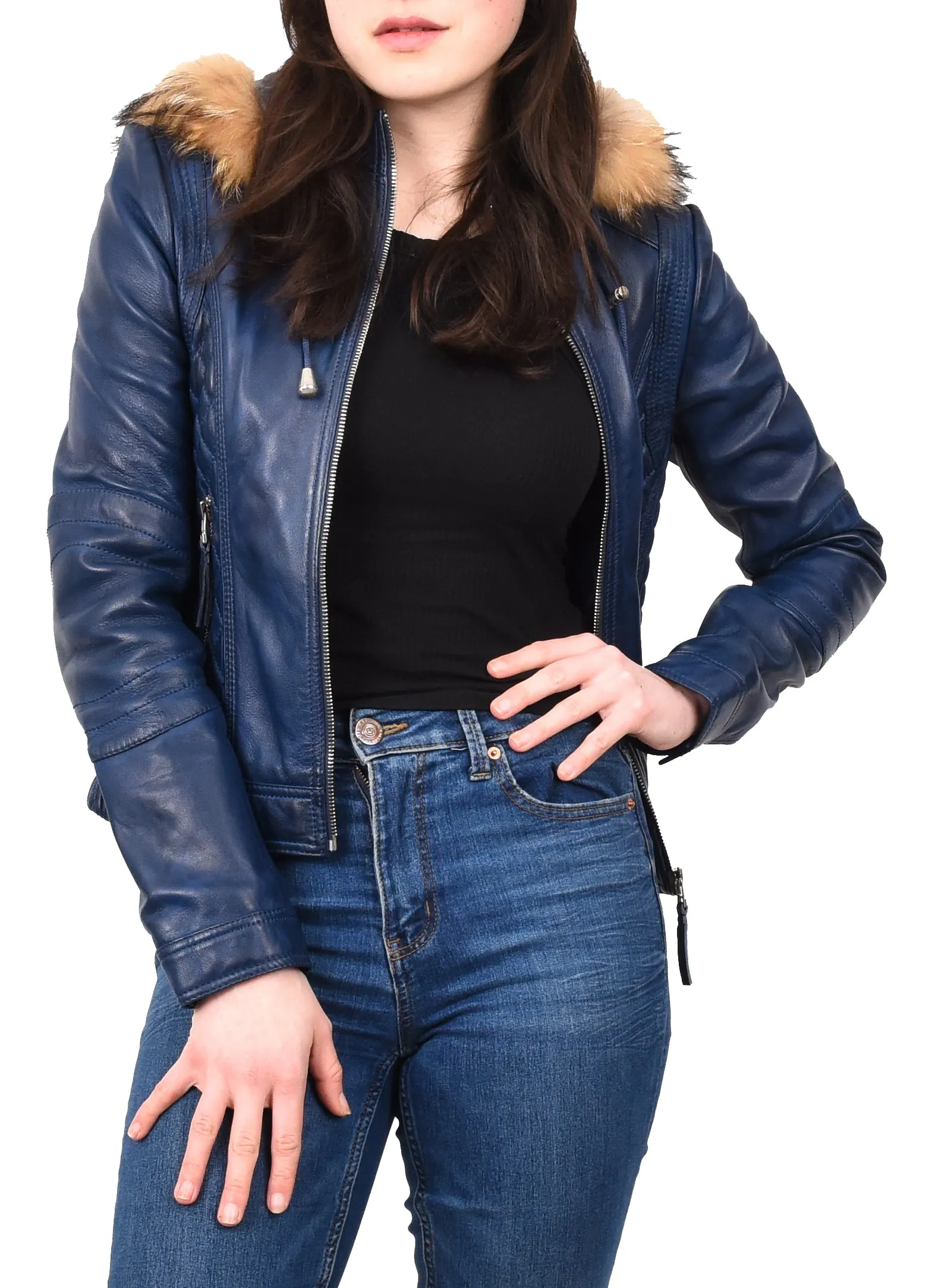 Women's Detachable Hoodie Biker Leather Jacket Blue Morphix