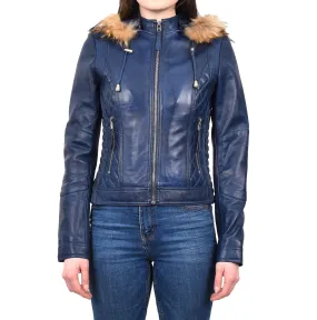Women's Detachable Hoodie Biker Leather Jacket Blue Morphix