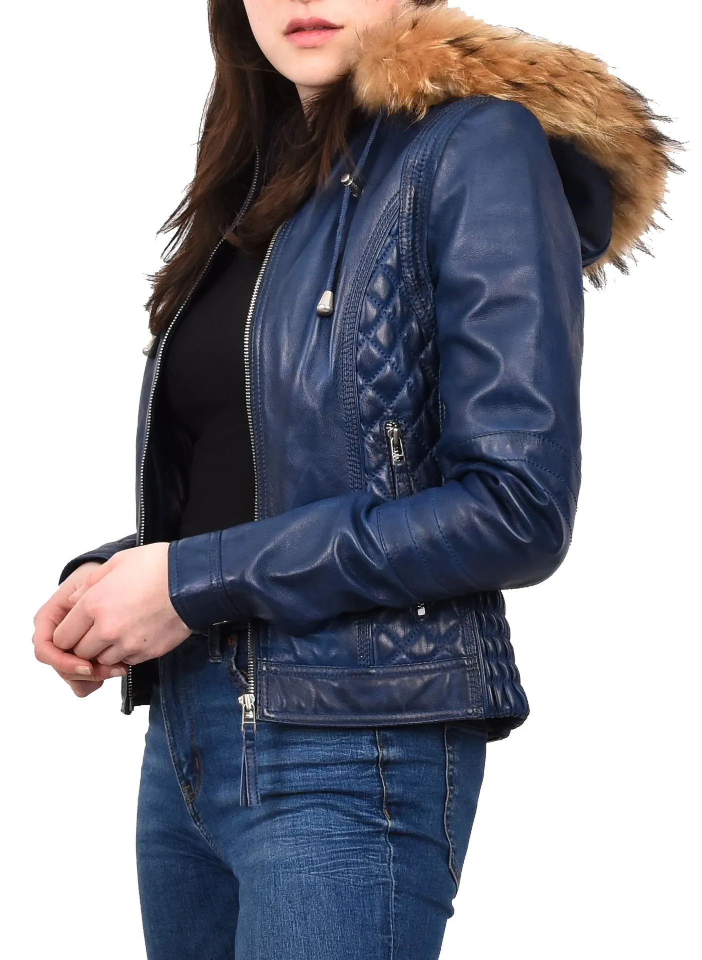 Women's Detachable Hoodie Biker Leather Jacket Blue Morphix