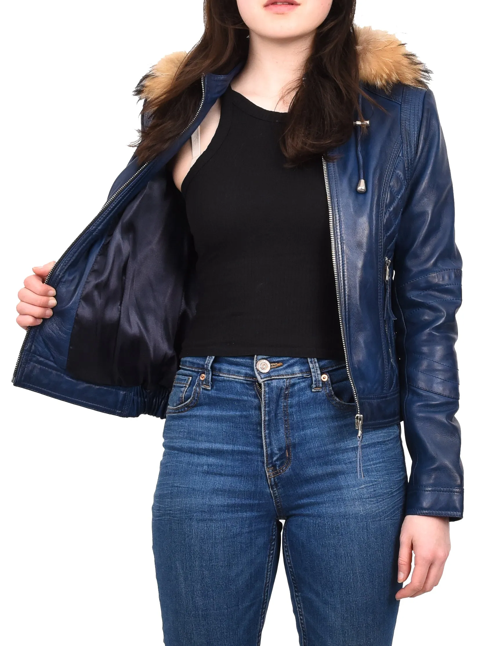 Women's Detachable Hoodie Biker Leather Jacket Blue Morphix