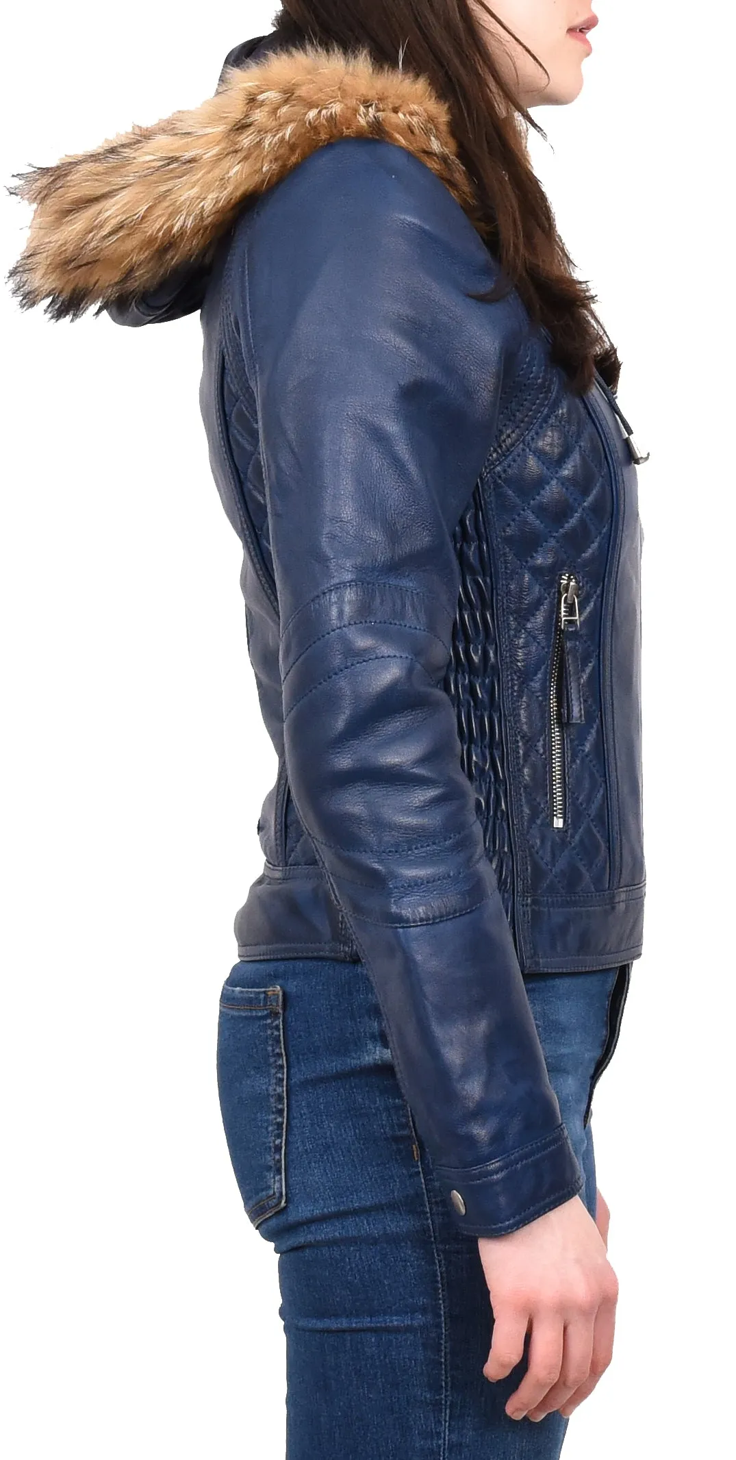Women's Detachable Hoodie Biker Leather Jacket Blue Morphix