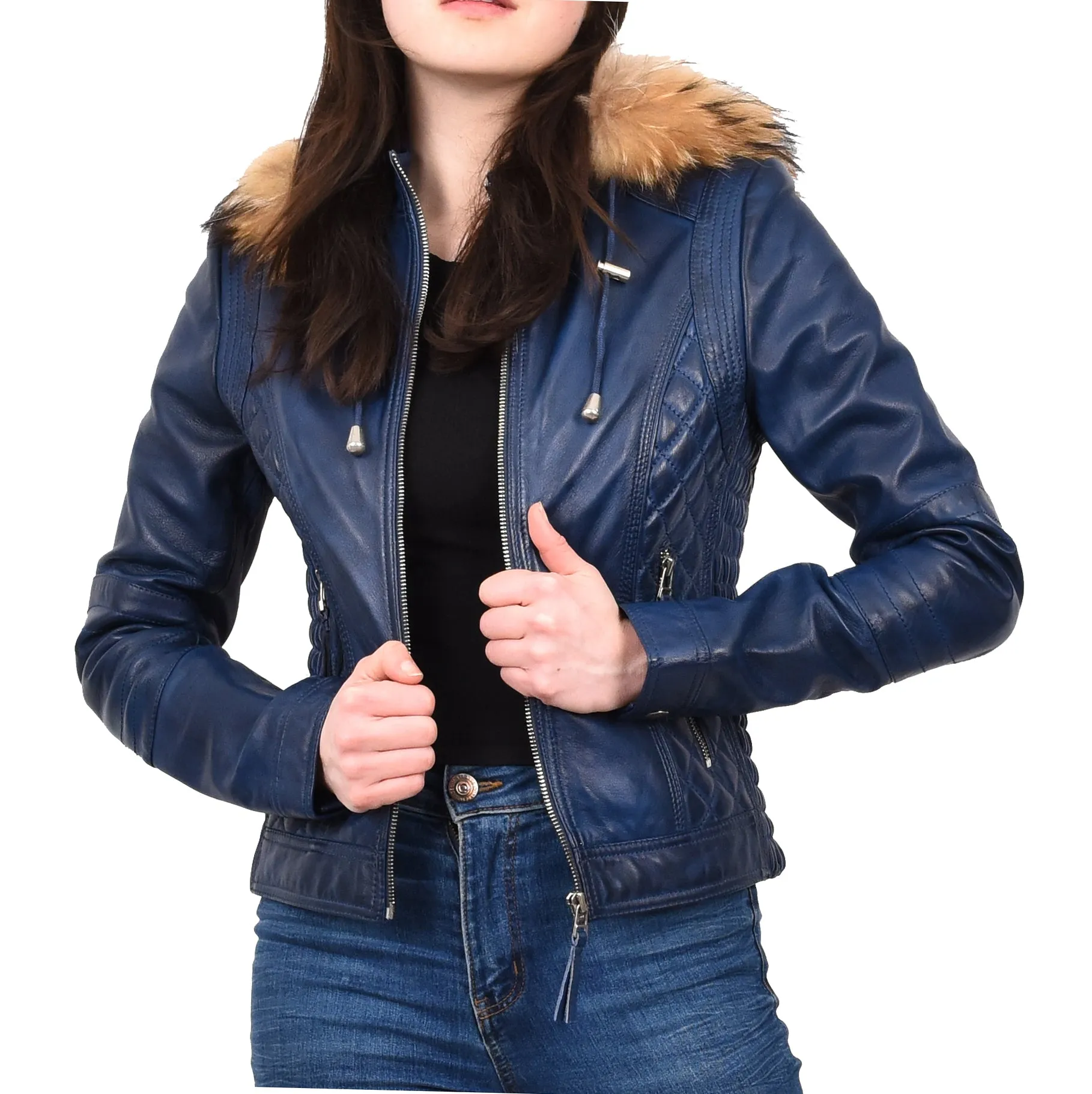 Women's Detachable Hoodie Biker Leather Jacket Blue Morphix