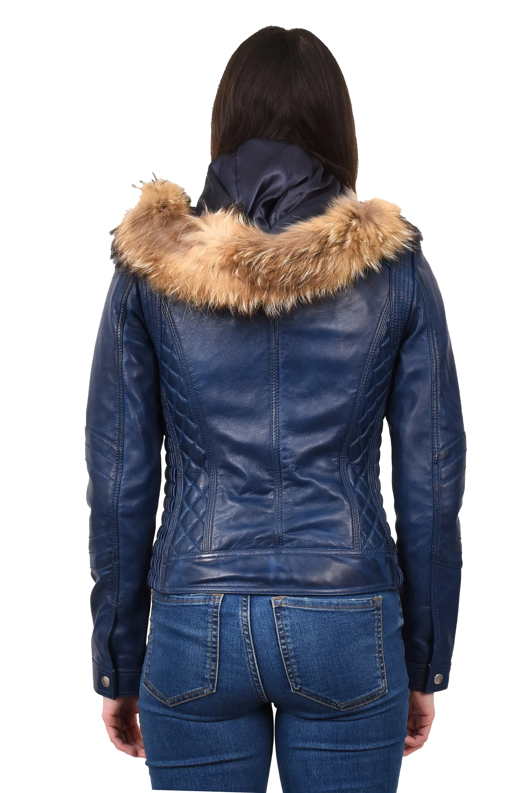 Women's Detachable Hoodie Biker Leather Jacket Blue Morphix