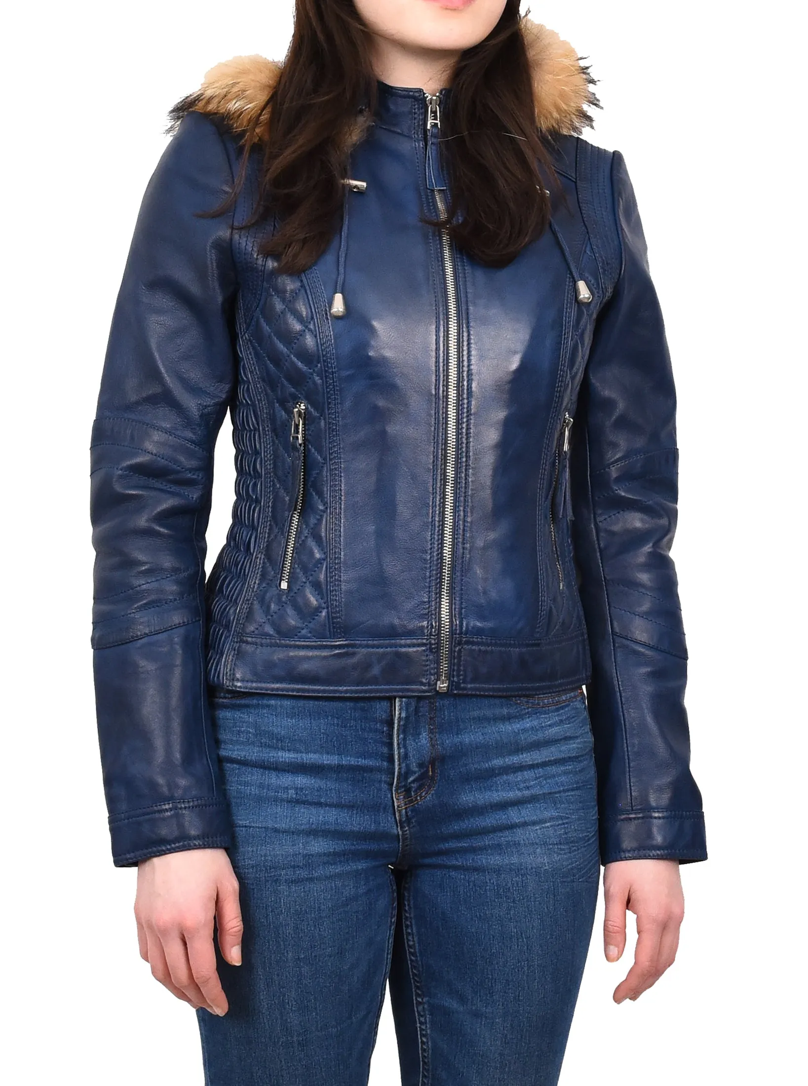 Women's Detachable Hoodie Biker Leather Jacket Blue Morphix