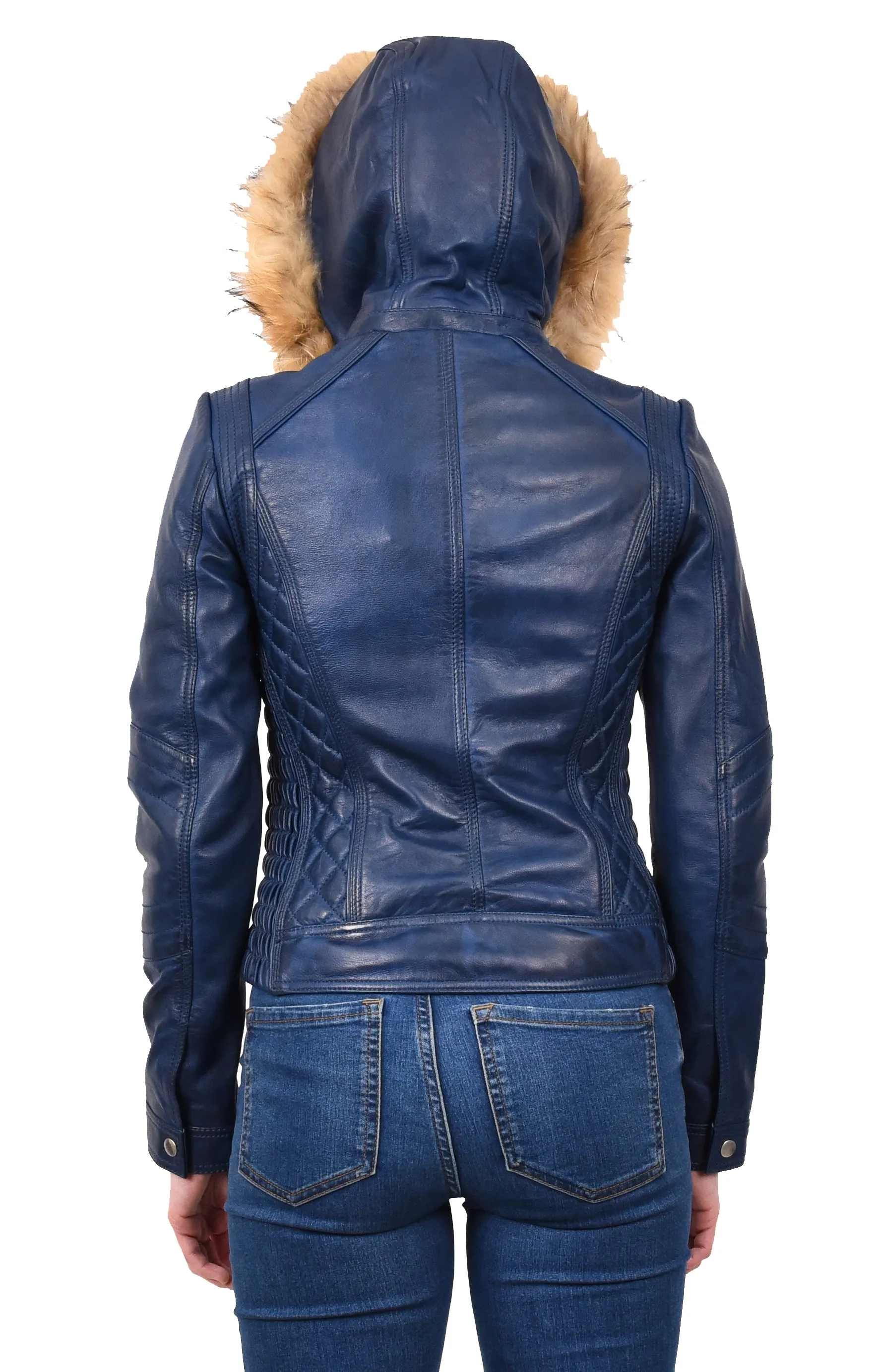 Women's Detachable Hoodie Biker Leather Jacket Blue Morphix