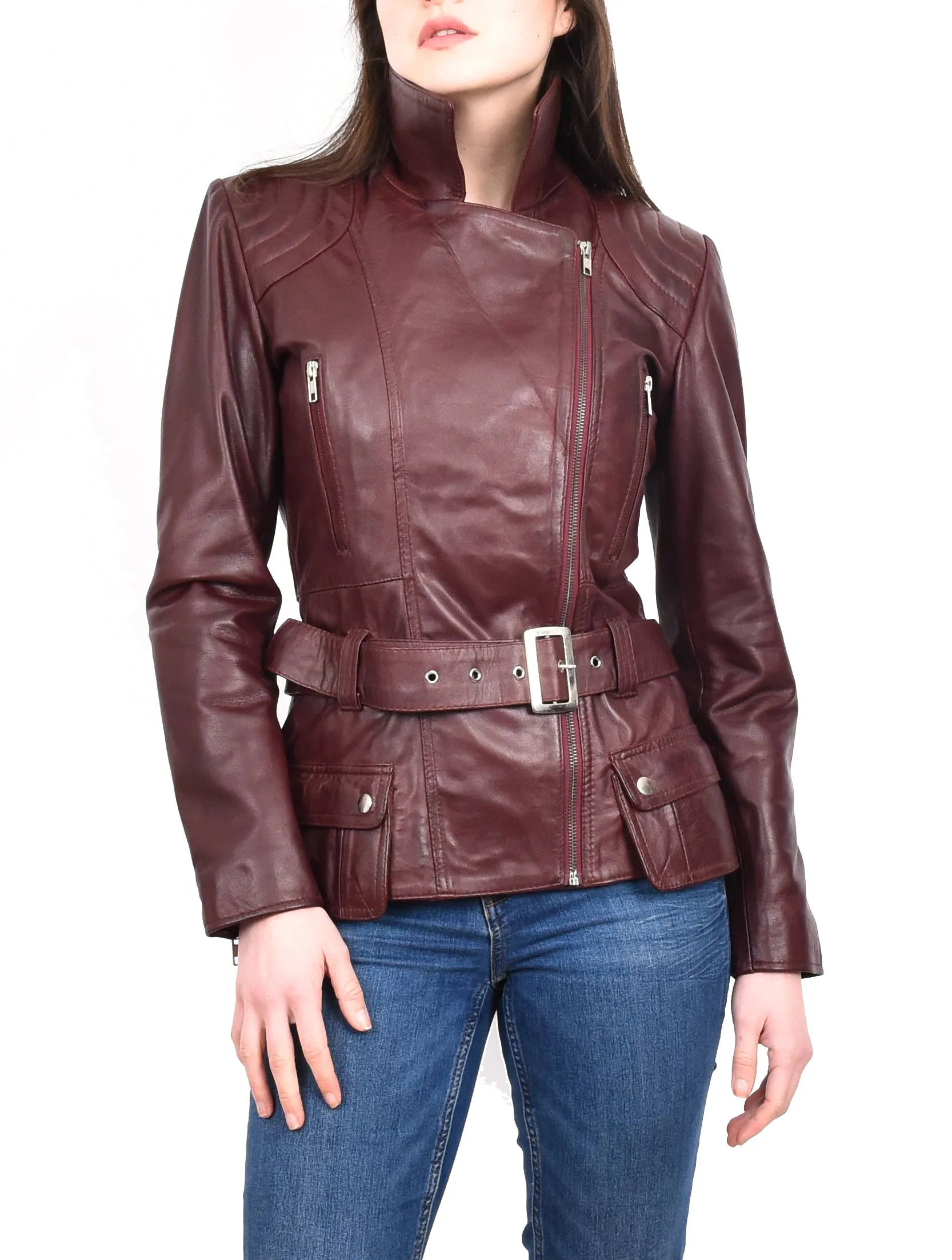 Women’s Slim Fit Cut Hip Length Biker Leather Jacket Burgundy Conkara