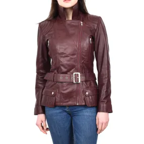 Women’s Slim Fit Cut Hip Length Biker Leather Jacket Burgundy Conkara