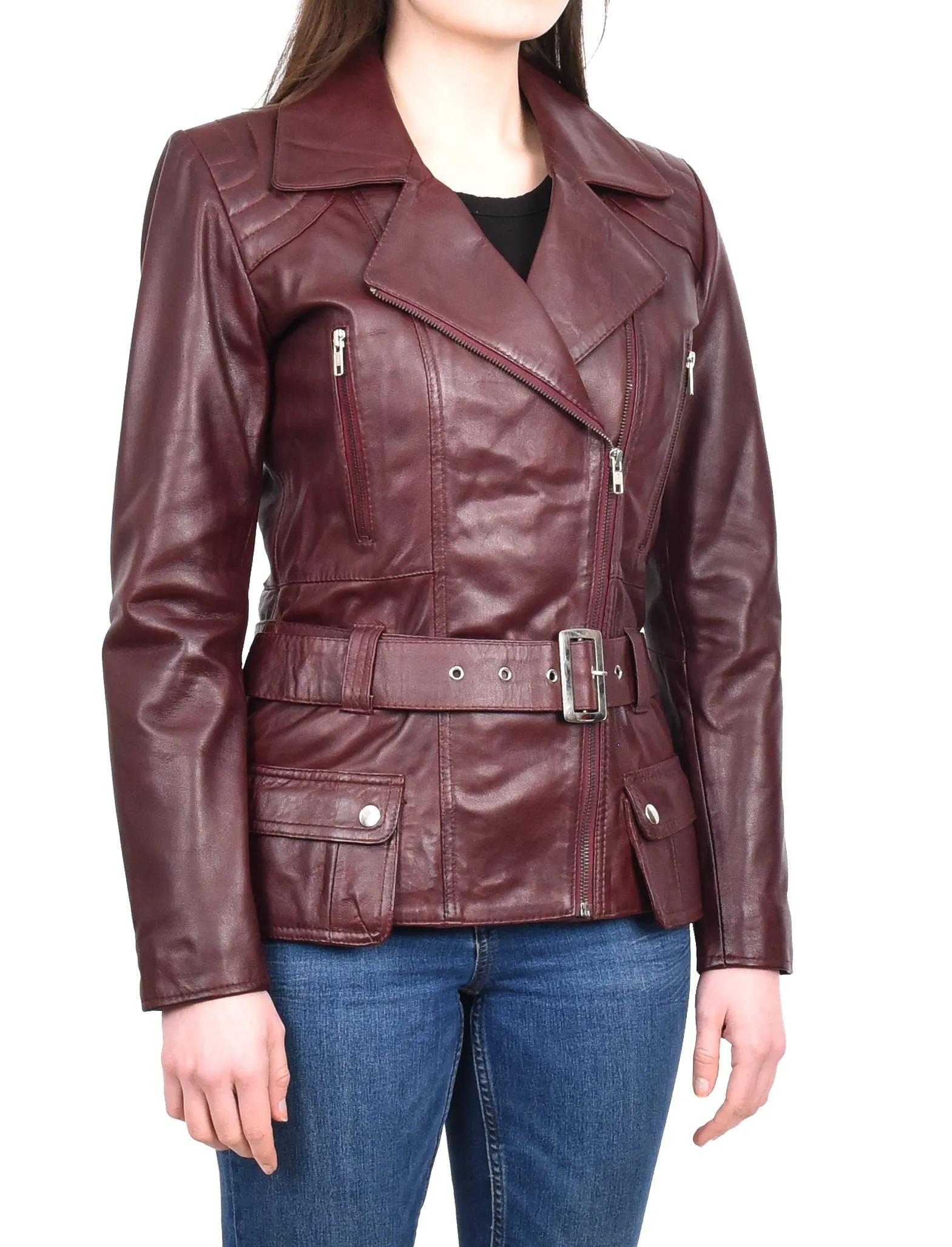 Women’s Slim Fit Cut Hip Length Biker Leather Jacket Burgundy Conkara