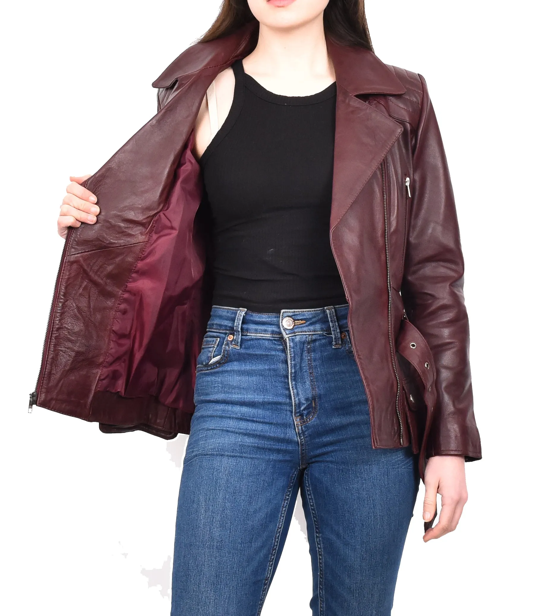 Women’s Slim Fit Cut Hip Length Biker Leather Jacket Burgundy Conkara