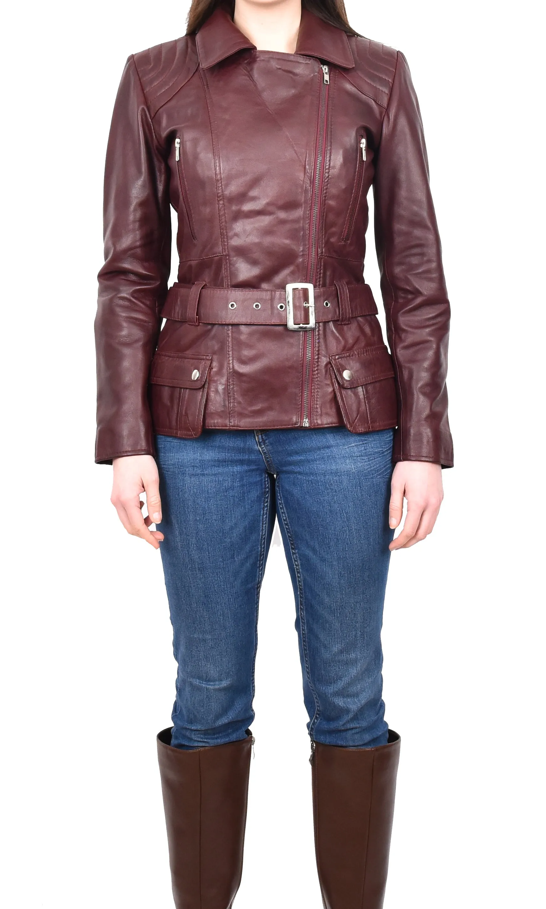 Women’s Slim Fit Cut Hip Length Biker Leather Jacket Burgundy Conkara