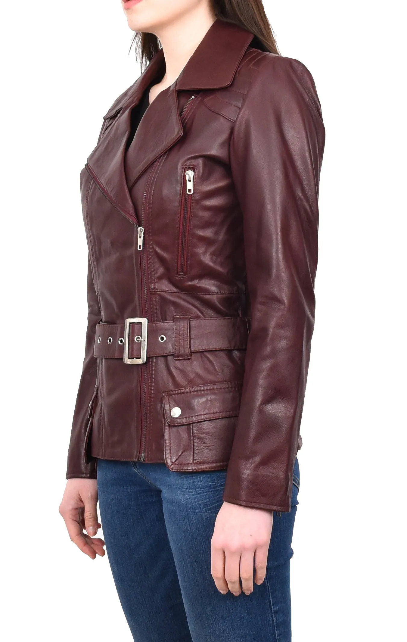 Women’s Slim Fit Cut Hip Length Biker Leather Jacket Burgundy Conkara