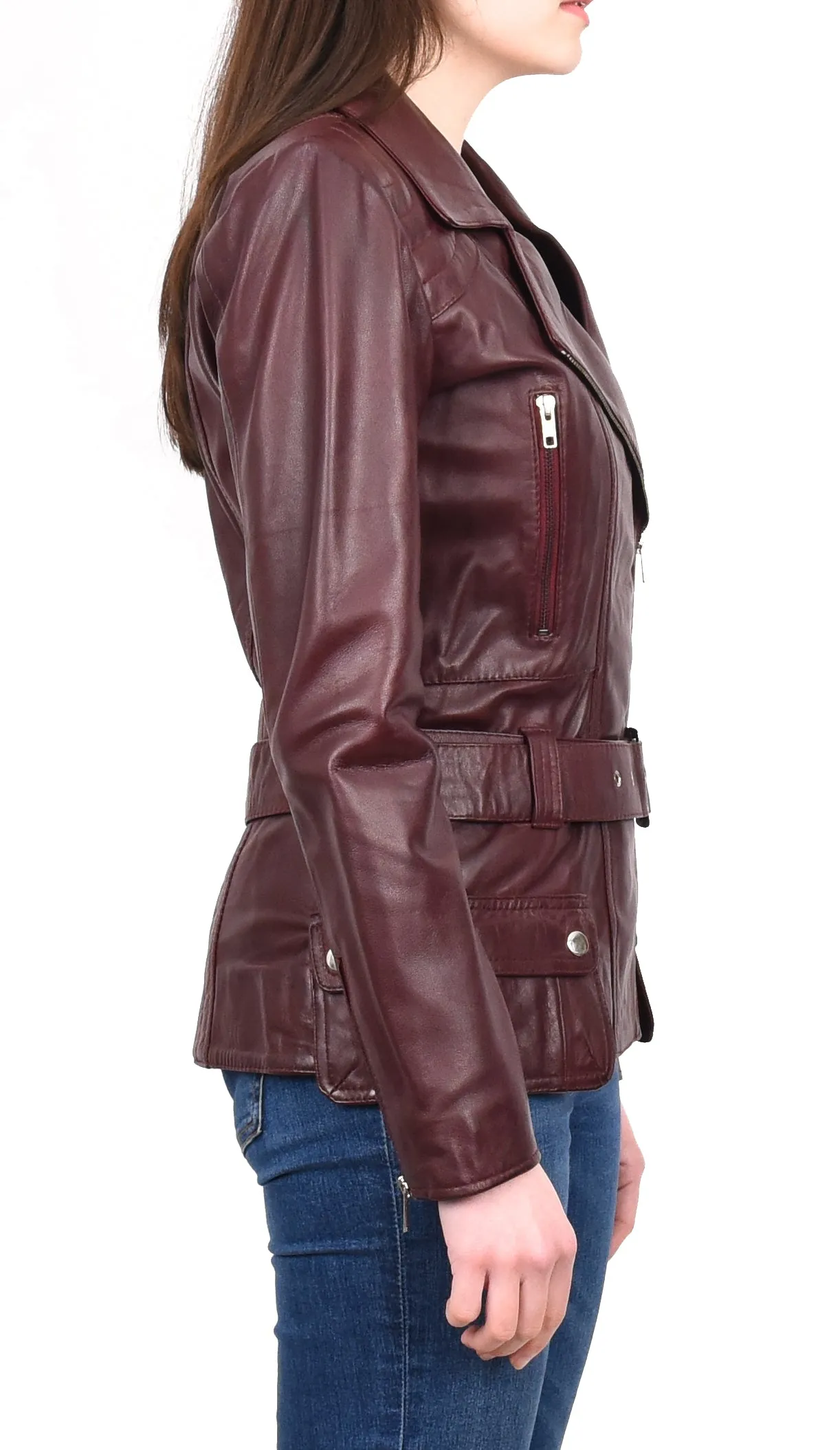 Women’s Slim Fit Cut Hip Length Biker Leather Jacket Burgundy Conkara