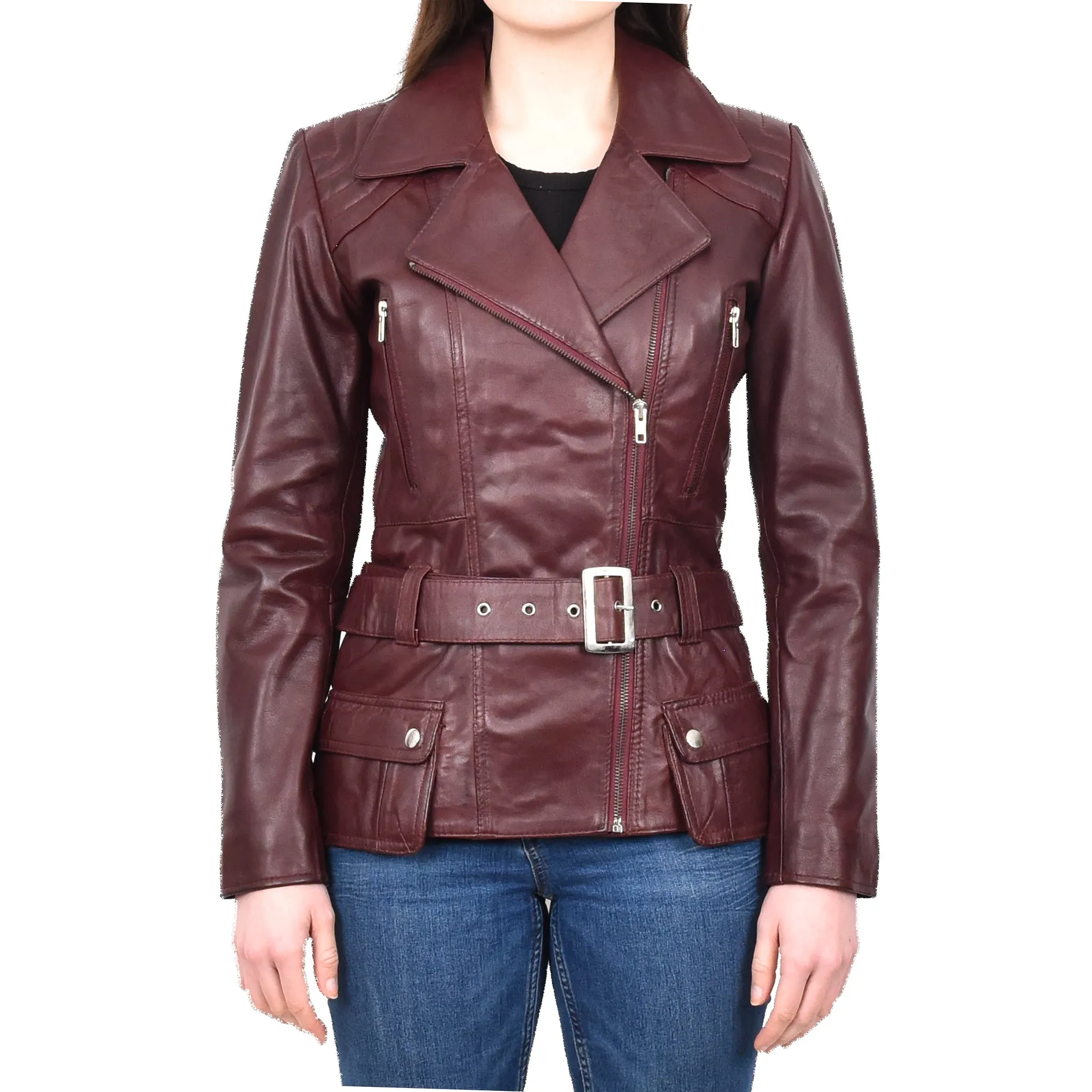Women’s Slim Fit Cut Hip Length Biker Leather Jacket Burgundy Conkara