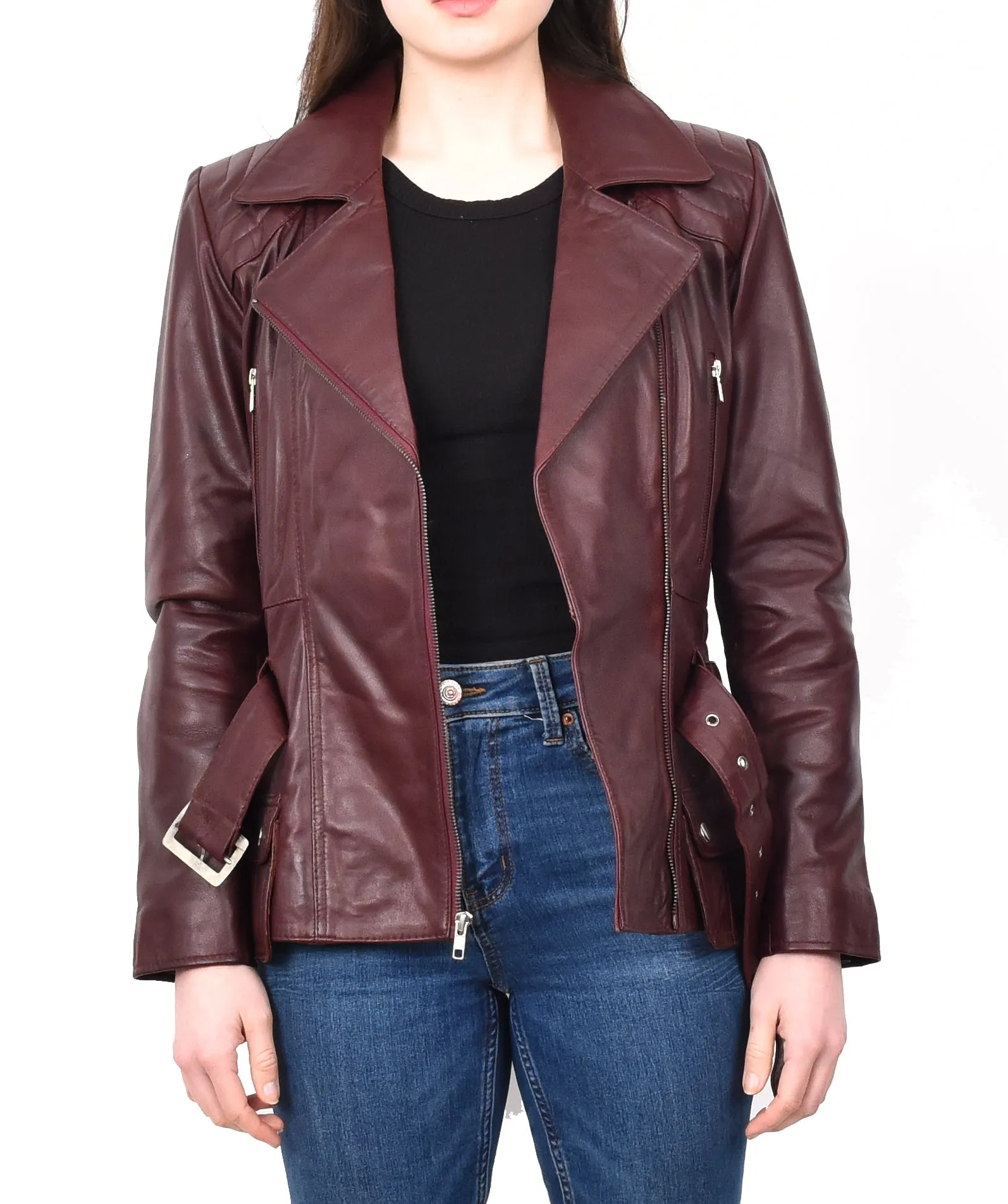 Women’s Slim Fit Cut Hip Length Biker Leather Jacket Burgundy Conkara