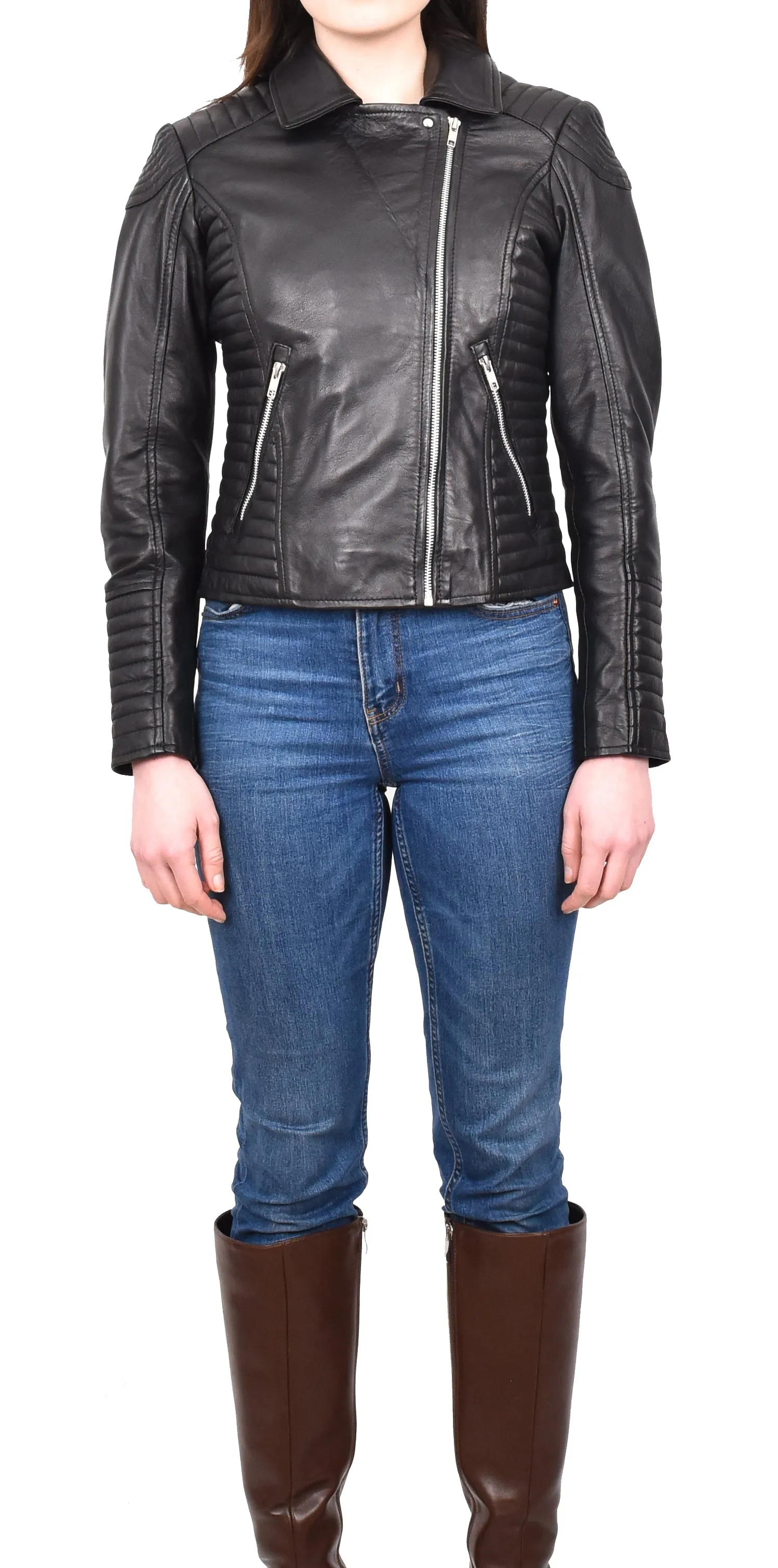 Women's Soft Leather Cross Zip Biker Jacket Black Eleganza