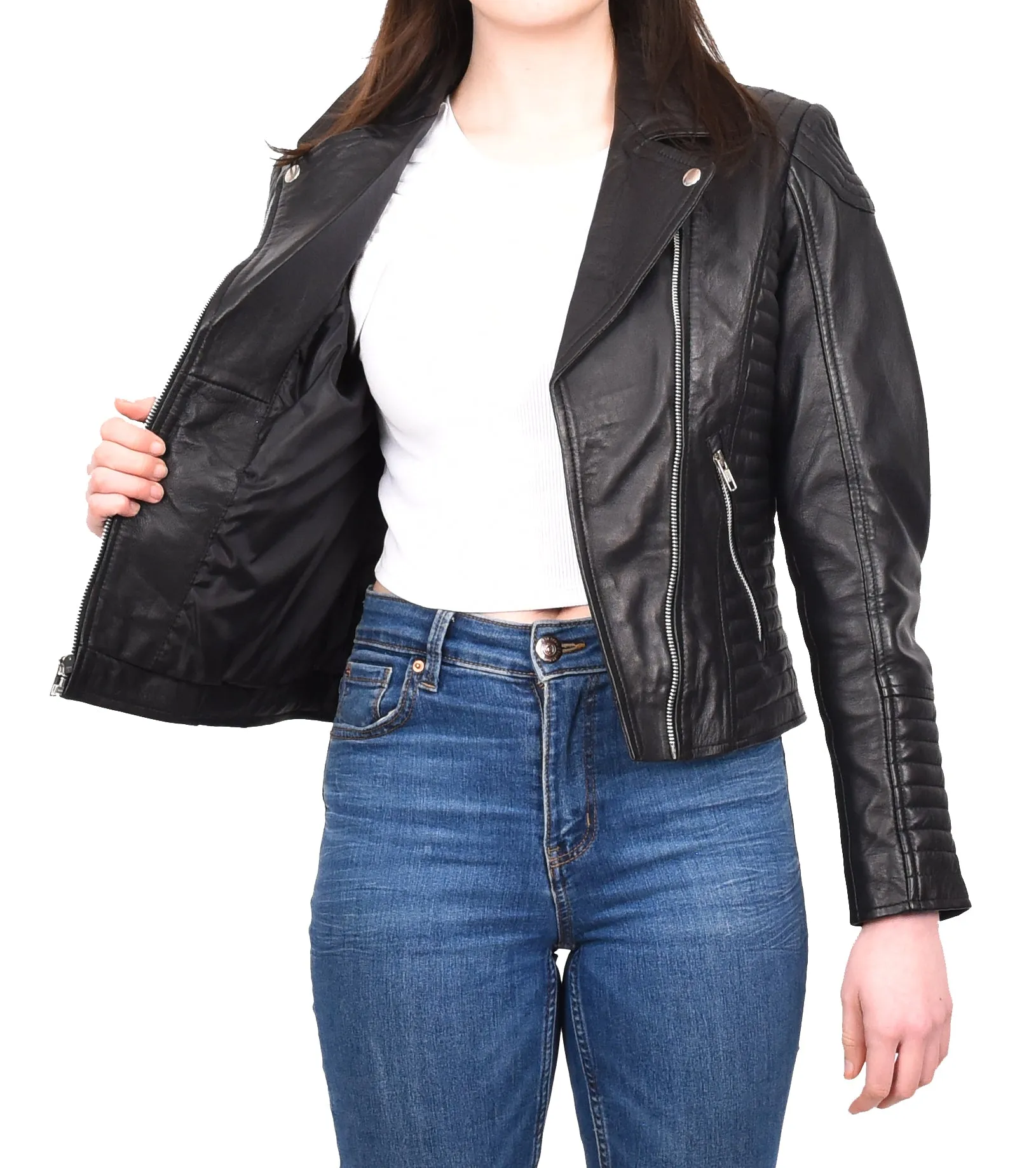 Women's Soft Leather Cross Zip Biker Jacket Black Eleganza