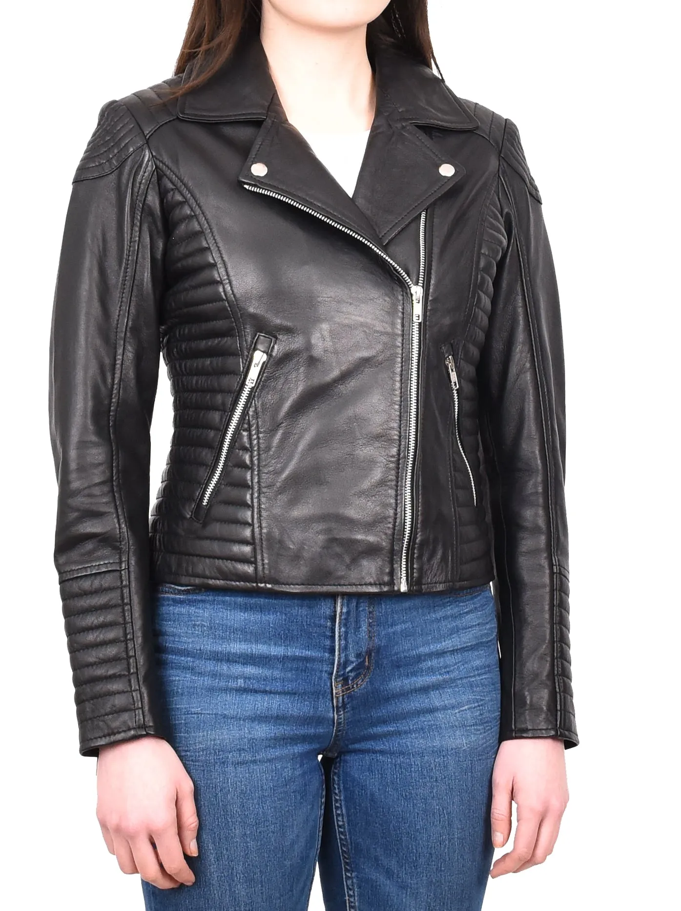 Women's Soft Leather Cross Zip Biker Jacket Black Eleganza