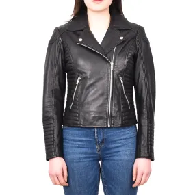 Women's Soft Leather Cross Zip Biker Jacket Black Eleganza