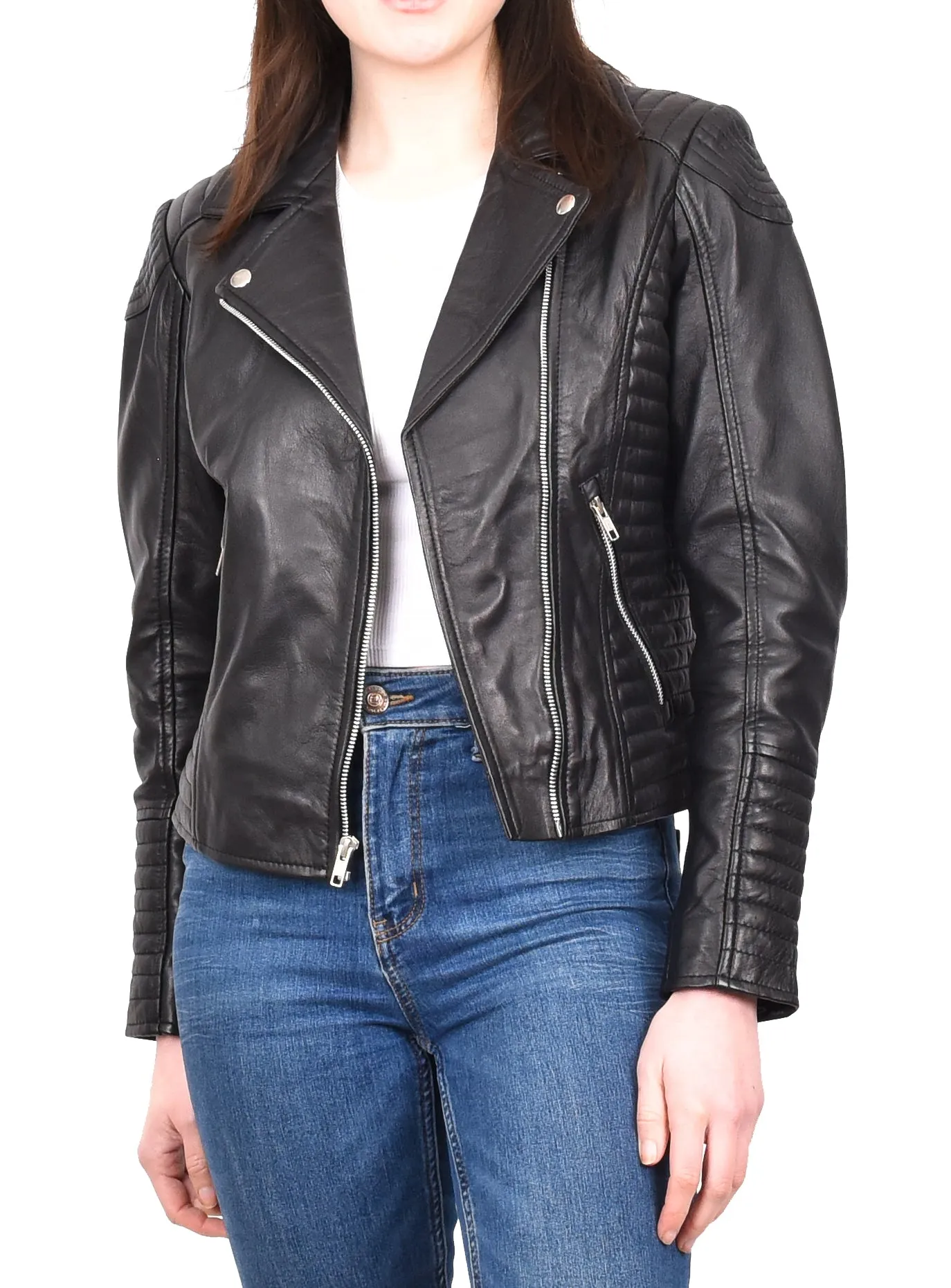 Women's Soft Leather Cross Zip Biker Jacket Black Eleganza