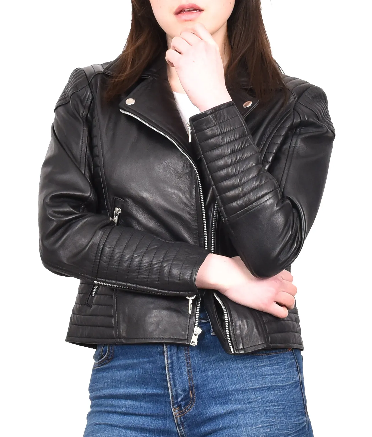 Women's Soft Leather Cross Zip Biker Jacket Black Eleganza
