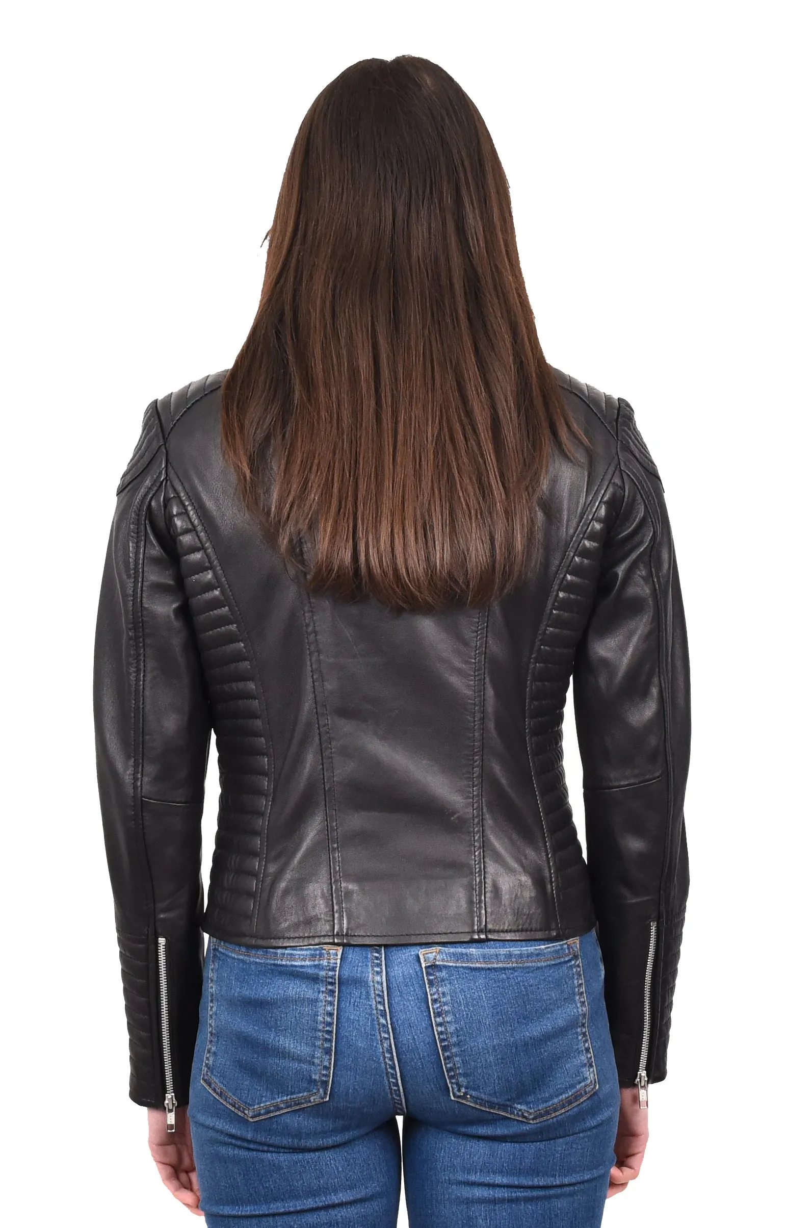 Women's Soft Leather Cross Zip Biker Jacket Black Eleganza