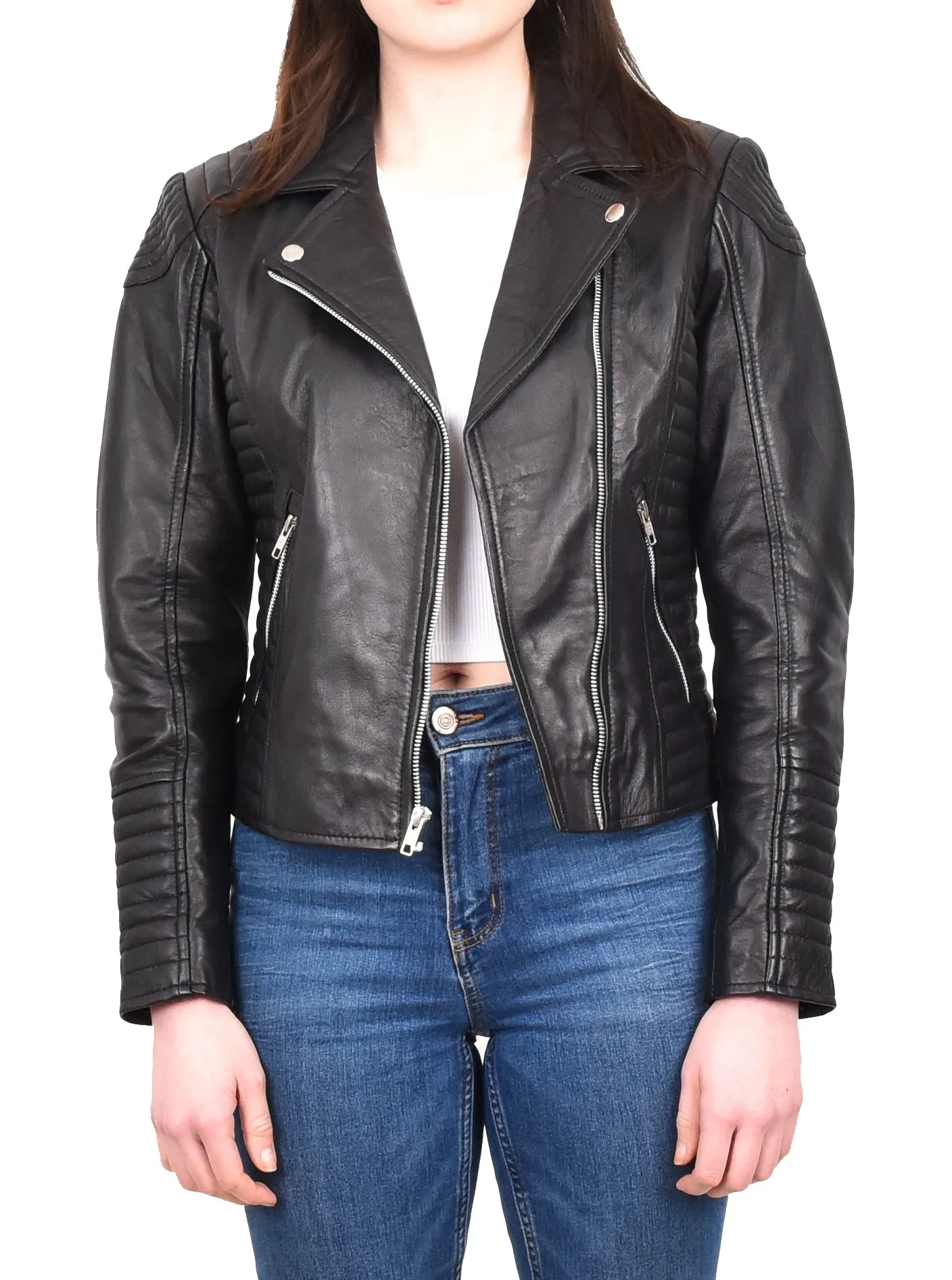 Women's Soft Leather Cross Zip Biker Jacket Black Eleganza