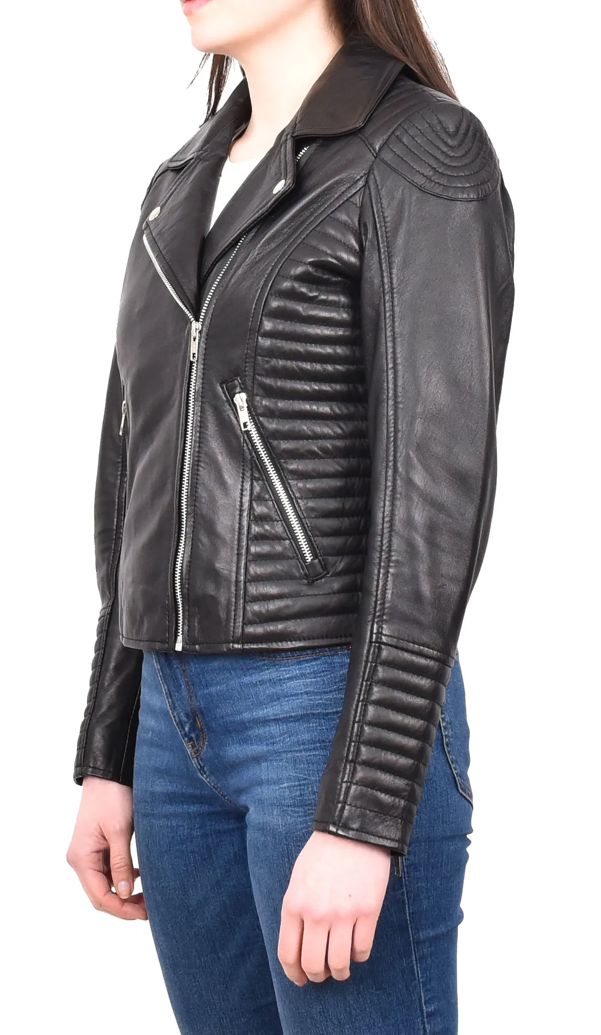 Women's Soft Leather Cross Zip Biker Jacket Black Eleganza