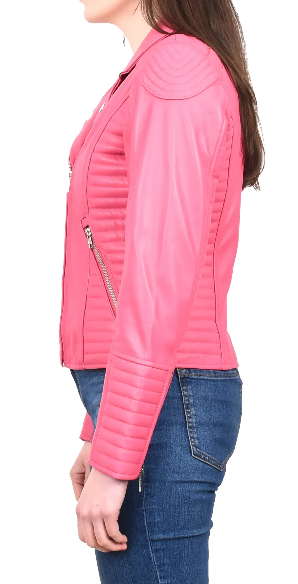 Women's Soft Leather Cross Zip Biker Jacket Pink Eleganza