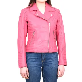 Women's Soft Leather Cross Zip Biker Jacket Pink Eleganza